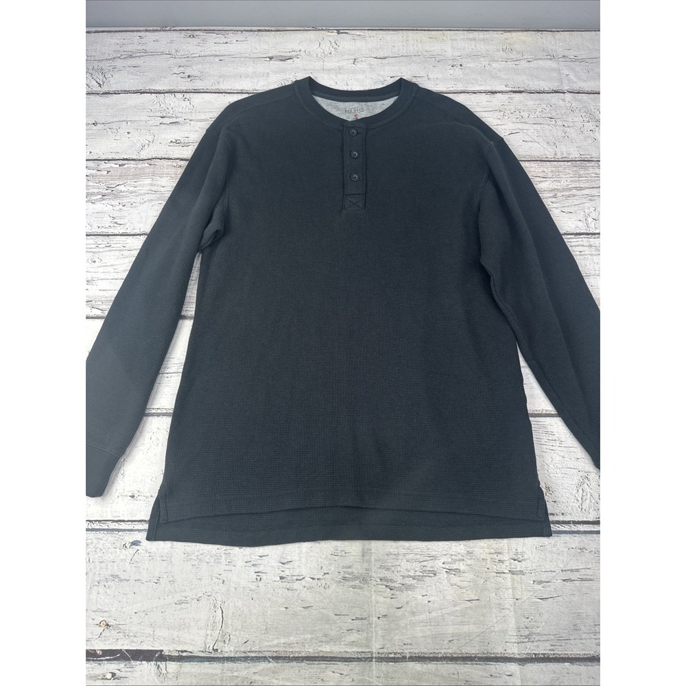 Red Head Men's Henley Shirt Size M Black Waffle Knit Long Sleeve